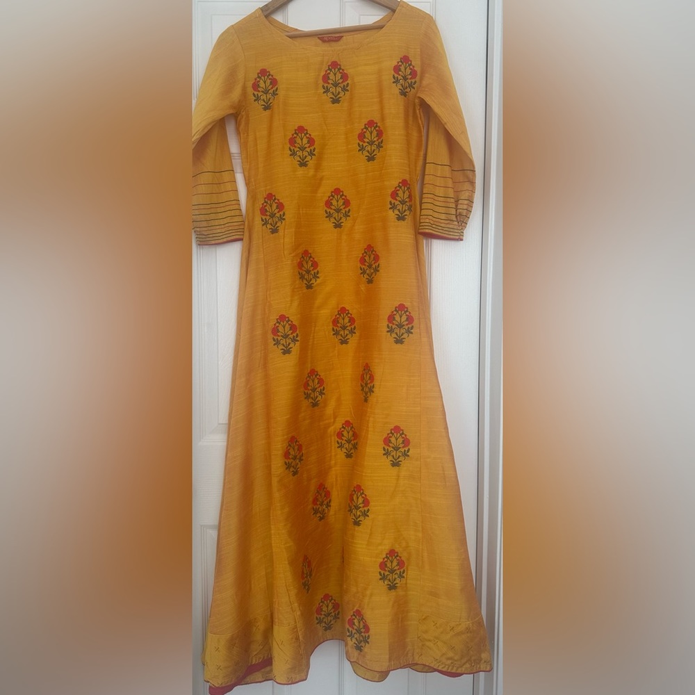Indian ethnic embroidered raw silk long dress in size small